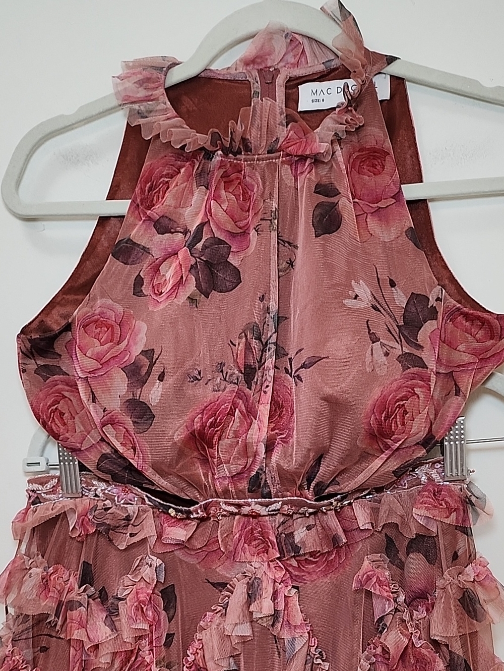 Mac Duggal Ruffled Cutout Halter Dustu Rose Floral Mini Dress Sz 6 - Picture 8 of 16